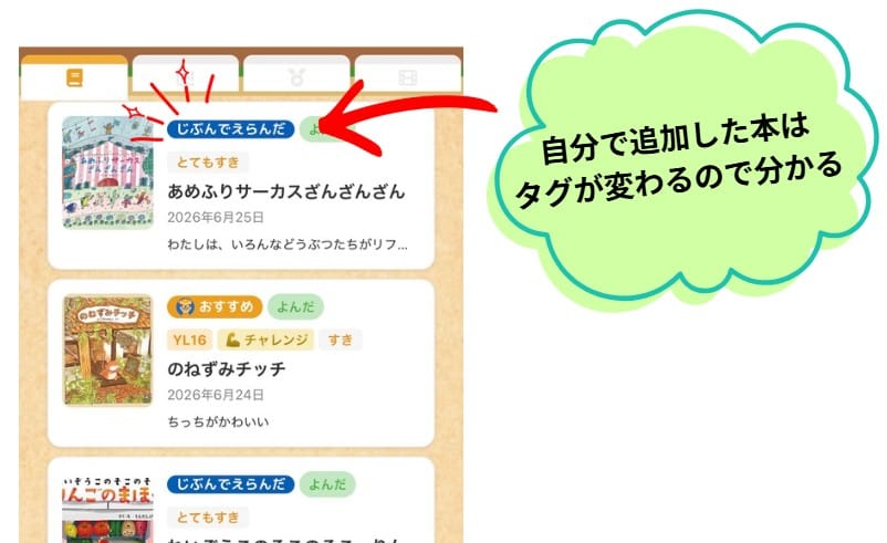 ヨンデミーに自分で追加した本は「自分で選んだ」タグで識別できる